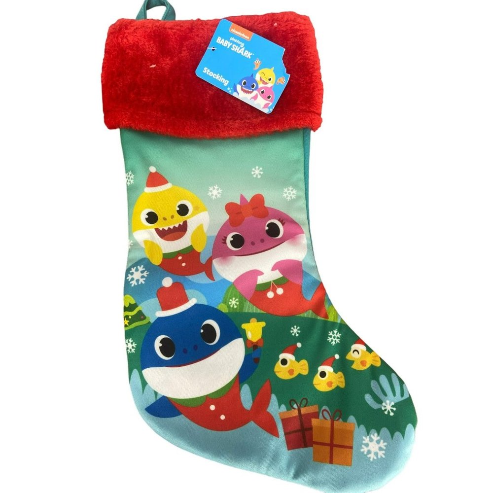 Baby Shark Christmas Stocking White Fuzzy Top New 14 inch